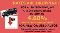 Auto Loan Rates as low as 4.60% Annual Percentage Yield
