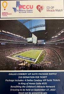 Donation of $10 for a chance to win Dallas Cowboy VIP Suite tickets. All benefits go to Children's Miracle Network.